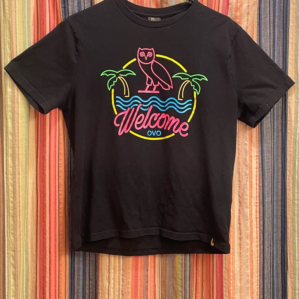 OVO Black Tee with Neon Owl and Palm Design